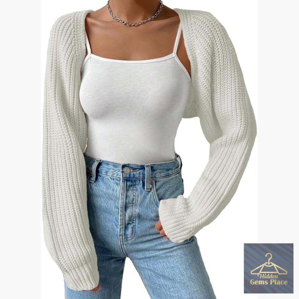 Ribbed Knit Crop Cardigan Shrug Drop Shoulder Long Sleeve Loose Fit